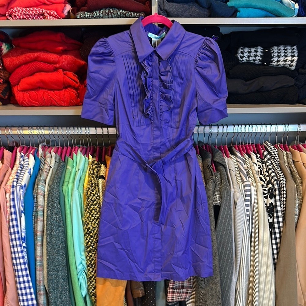 Marciano purple short sleeve button down belted ruffle front dress size SP NWT
